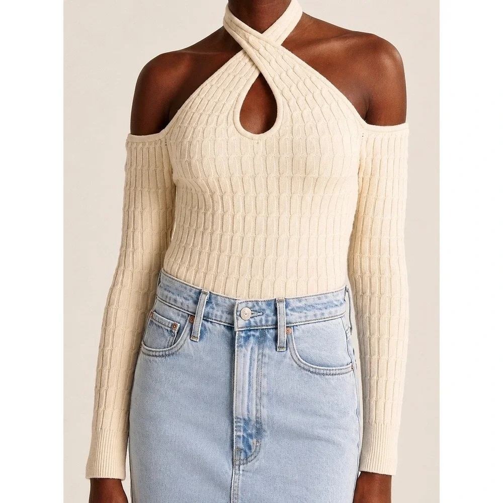 Abercrombie & Fitch Cream Cable Knit Halter Cold Shoulder Sweater Top Large NWT